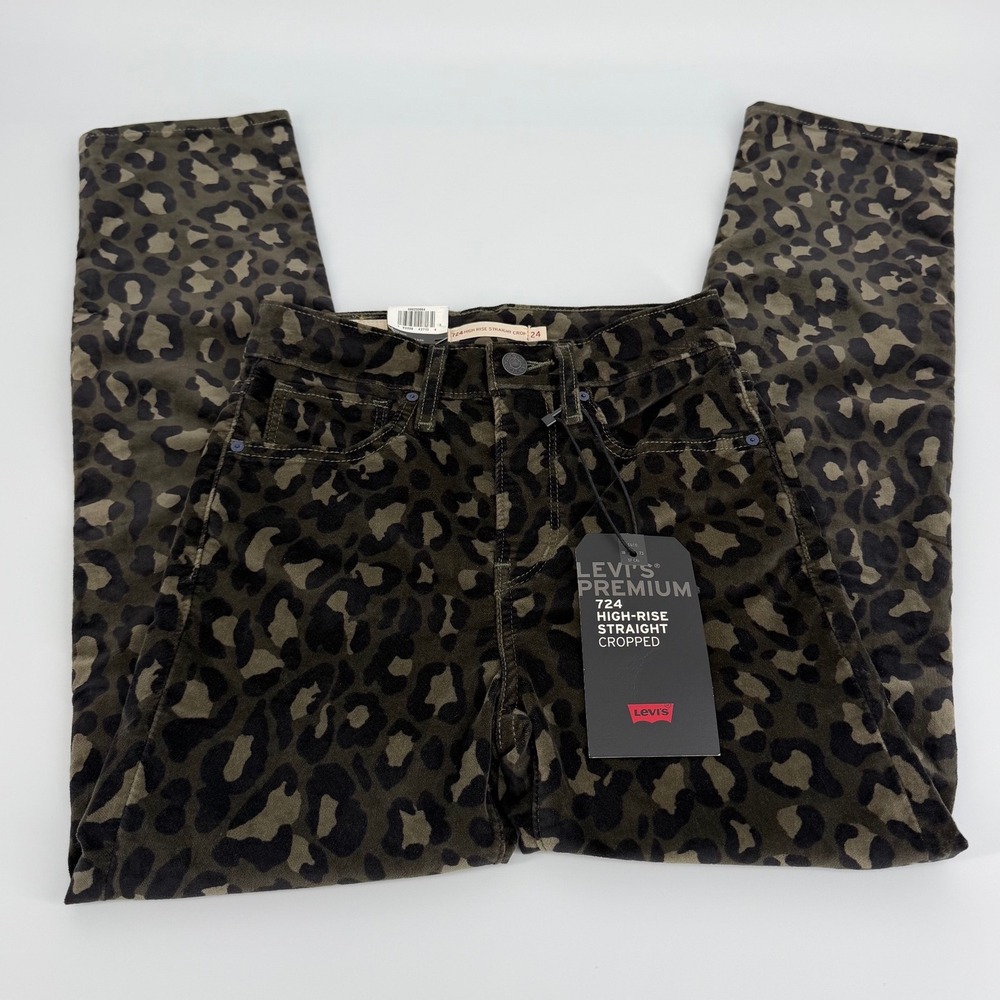 Levi's 724 High Rise Straight Cropped Jeans Women 24 Green Leopard NWT Corduroy